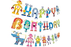 IPARTYFUN Robot Happy Birthday Banner Robot Birthday Party Decoration Cartoon Robot Hanging Decoration for Birthday Boys Party Favors Robot theme Party supplies
