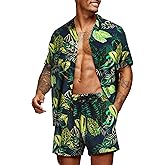 COOFANDY Men's Flower Shirt Short Sleeve Beach Shirt and Shorts Aloha Shirt Set 2 Piece Short Set Beach Vacation Wear