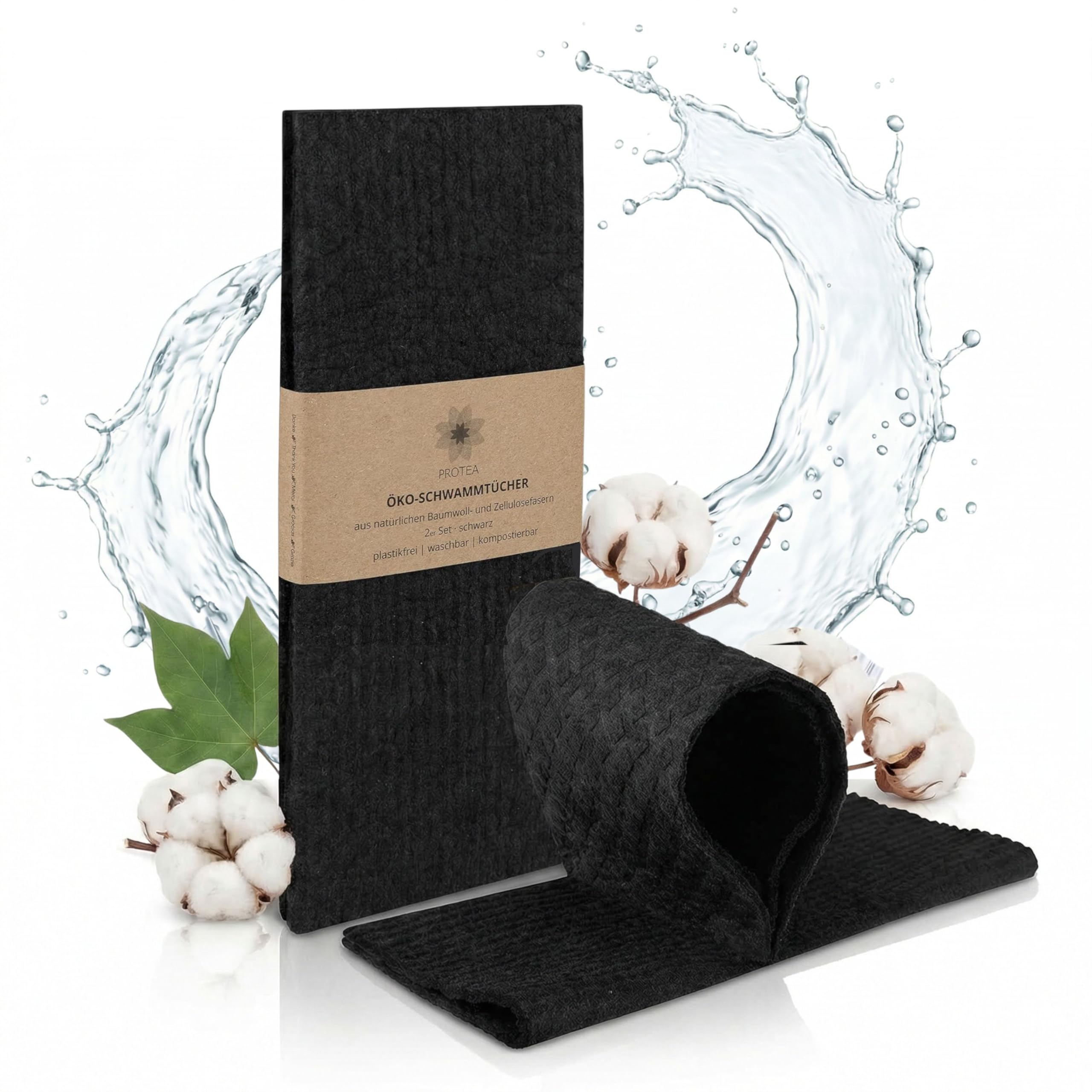 Protea Set of 2 Eco Kitchen Towels & Dishcloths Compostable – Sponge Cloths Ecological – Sustainable Cleaning Cloths Tea Towels – 100% Biodegradable – Made in Germany (Black)