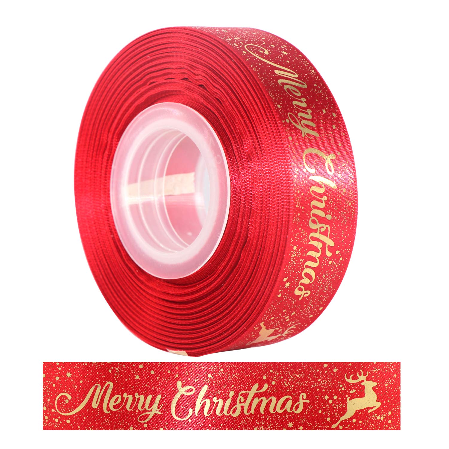 LOOGI Merry Christmas Ribbon 22m, 25mm Satin Ribbon Wide Glitter Red Grosgrain Ribbon for Gift Wrapping Crafts Wreaths