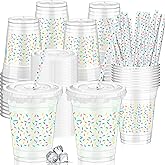 Domensi 50 Pcs Sprinkle Baby Shower Plastic Cup 12 oz Rainbow Confetti Sprinkle Thick Clear Cup Baby Shower Birthday Table Decorations Candy Color Party Supplies It's a Boy Girl