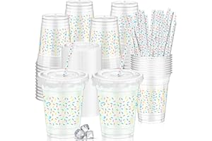 Domensi 50 Pcs Sprinkle Baby Shower Plastic Cup 12 oz Rainbow Confetti Sprinkle Thick Clear Cup Baby Shower Birthday Table Decorations Candy Color Party Supplies It's a Boy Girl