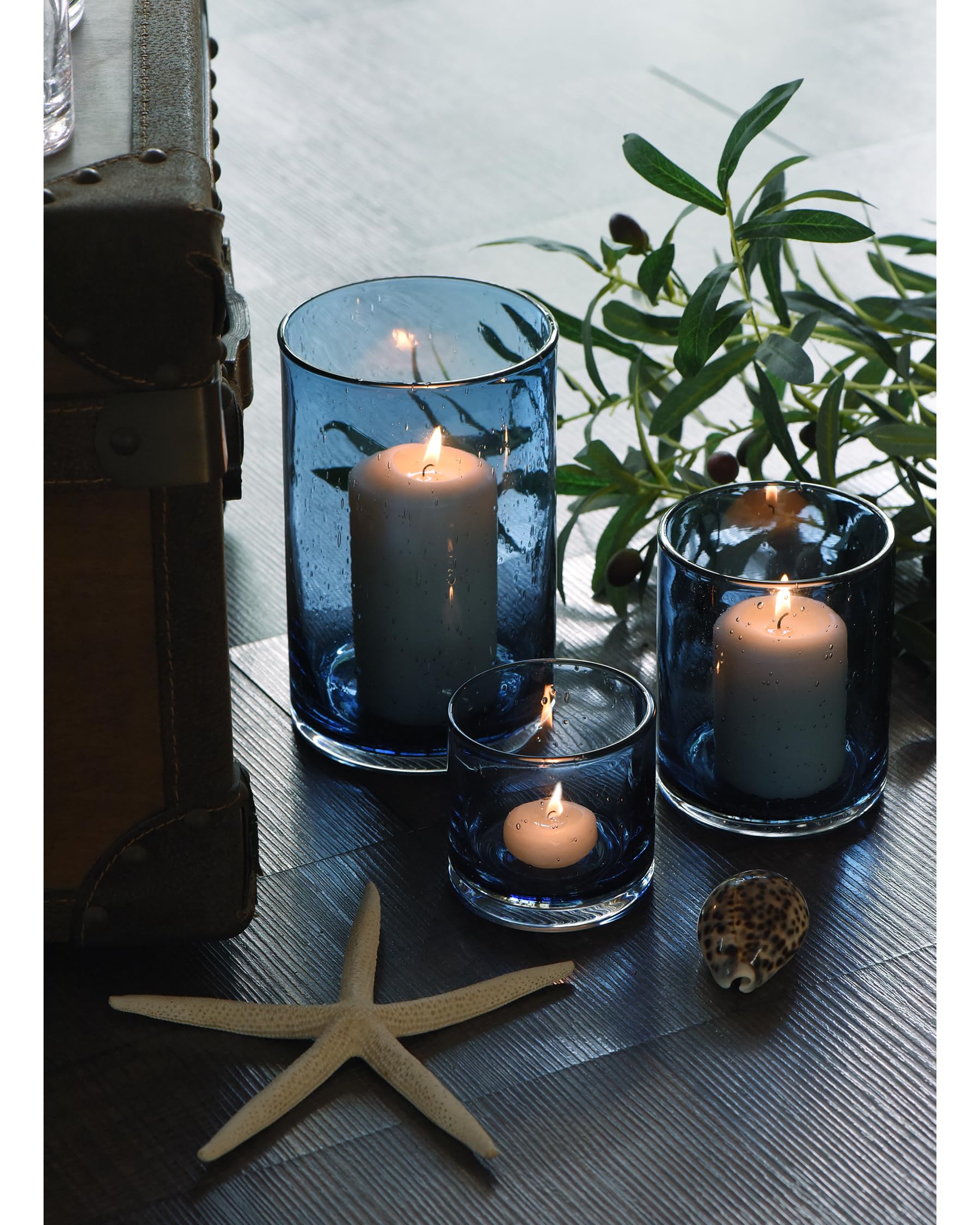 Photo 1 of ARIAMOTION Hurricane Candle Holder Set 3 Blue Candle Holders for Pillar Candles, Seeded Glass Candle Holder, Cylinder Vases for Table Centerpieces, Home, Patio and Wedding 8" +5" +3.5“ Height