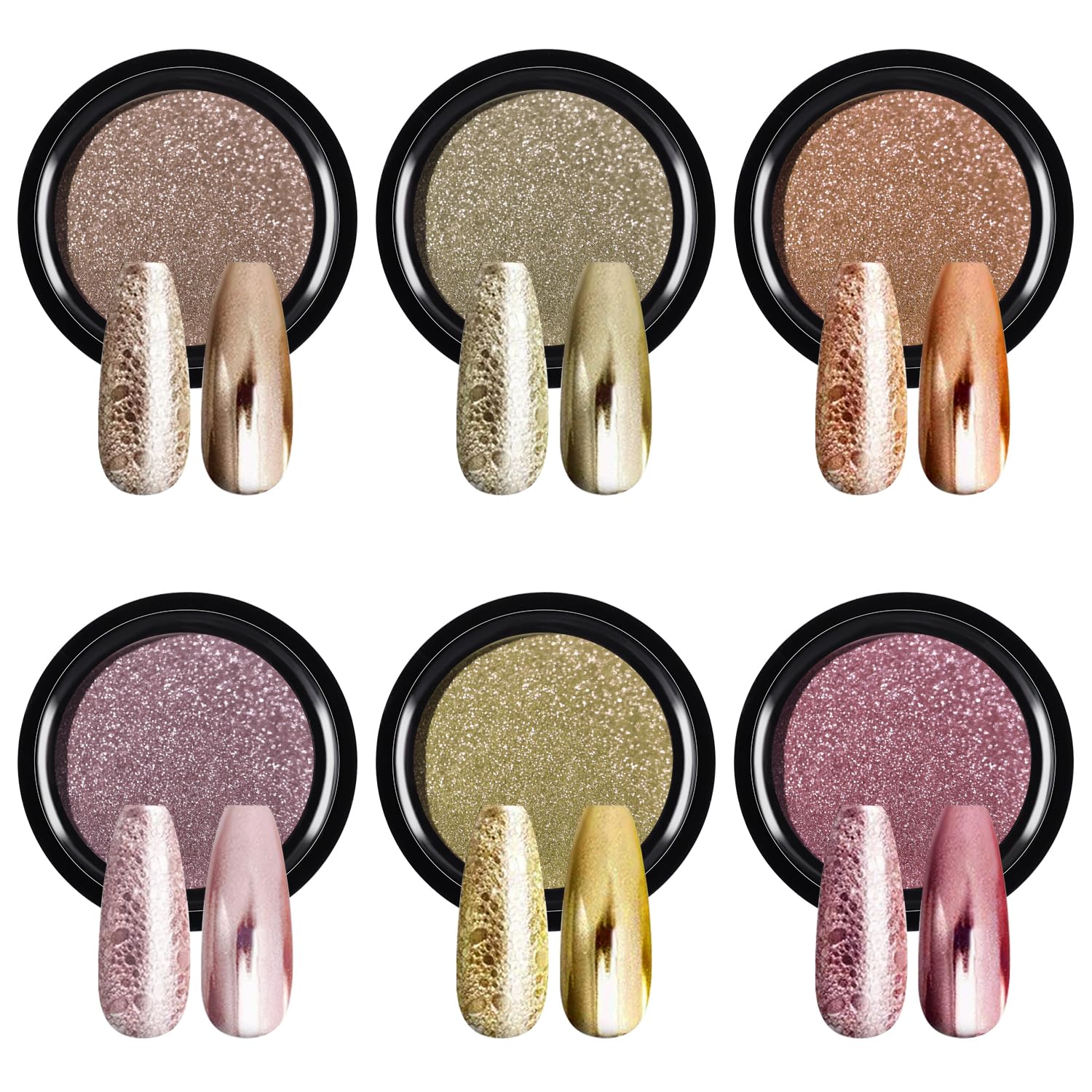 6 Colors Rose Gold Chrome Nail Powder Kit BISHENGYF - Pink Chrome Nail Powder, Mirror Effect Metalic Copper Nail Chrome Powders, Silver Nail Powder Pigments for Nail Art Glitter Decoration