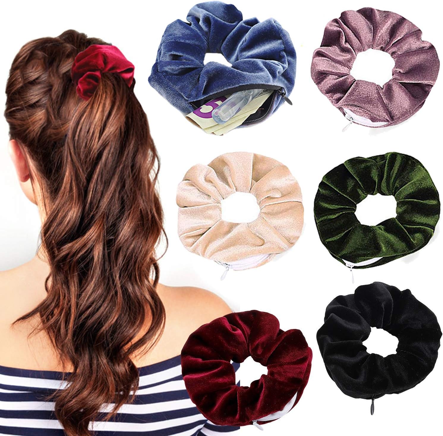 6 Pack Velvet Hair Tie Scrunchies with Hidden Zipper Pocket Scrunchie Hidden Pocket Elastic Hair