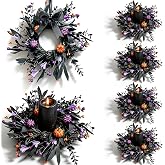 6 Pcs Halloween Mini Candle Ring Wreaths for Cabinets Small Pillar Candle Holder Wreath with Black Leaves Purple Flowers Orange Purple Berries Mini Pumpkins Glitter Artificial Spooky Gothic Wreaths