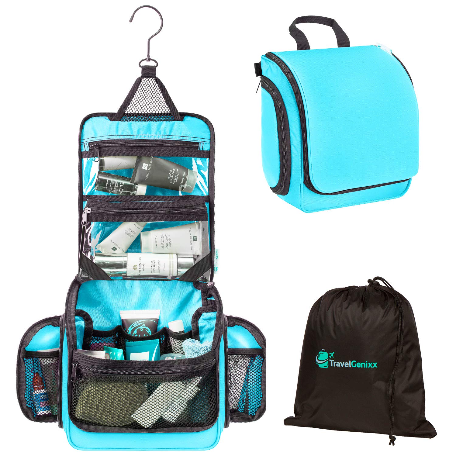 Travel Toiletry Bag and Hanging Organizer with Removable TSA-compliant Make-up and Essentials Clear Pouch - Perfect for Men & Women (Light Blue)