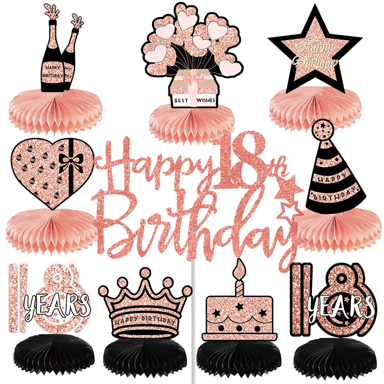 SPOKKI 10 Pcs 18th Birthday Decorations, Rose Gold, Happy Birthday Cake Topper, Honeycomb Table Centerpieces, Table Decorations