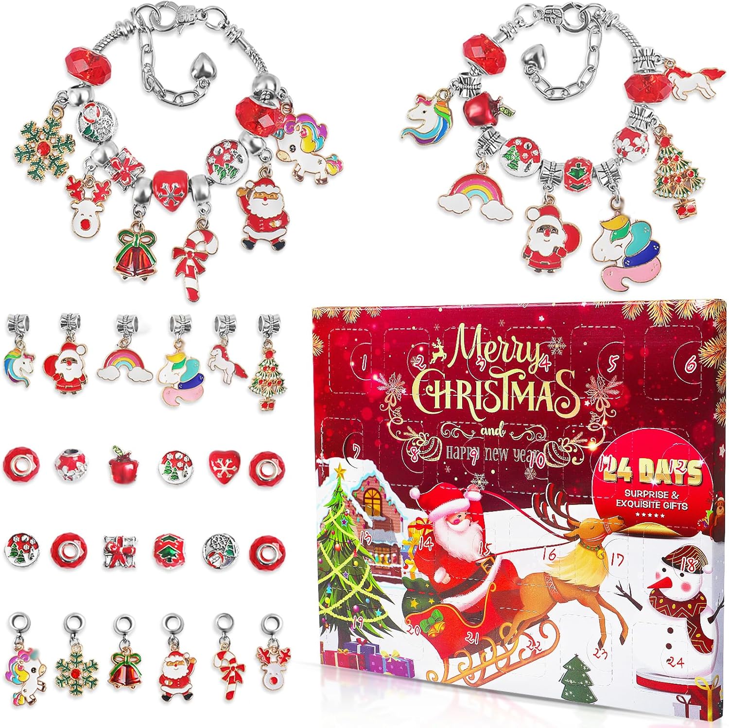 Advent Calendars - 2023 Christmas Advent Calendar Charm Bracelets for Girls, SIXNIE 24-Days Xmas Countdown Calendar with 2pcs DIY Charm Bracelets Kits, Creative Jewelry Making Kit Gift for Kids Teens Women