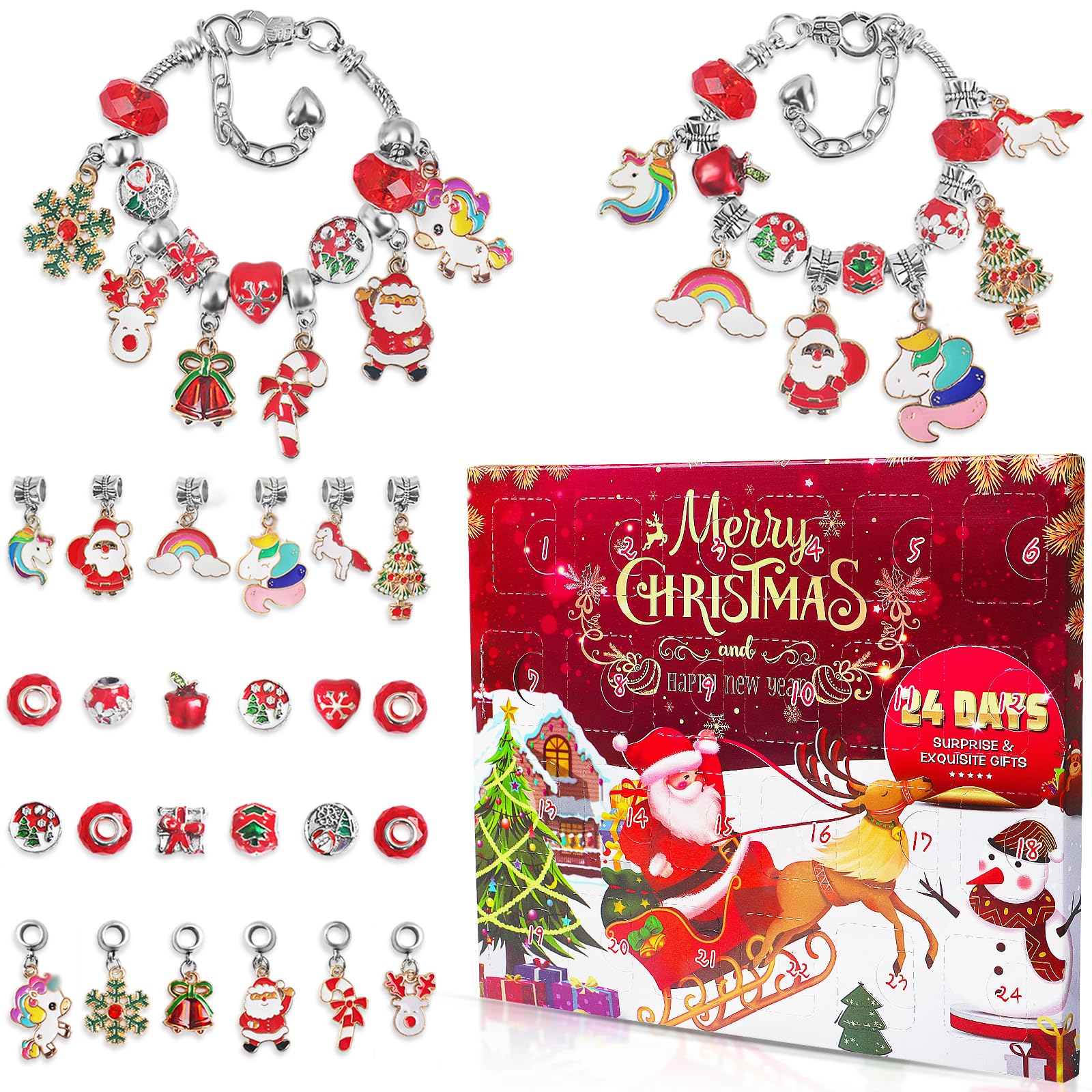 Photo 1 of 2025 Christmas Advent Calendar Charm Bracelets for Girls, SIXNIE 24-Days Xmas Countdown Calendar with 2pcs DIY Charm Bracelets Kits, Creative Jewelry Making Kit Present for Kids Teens Women