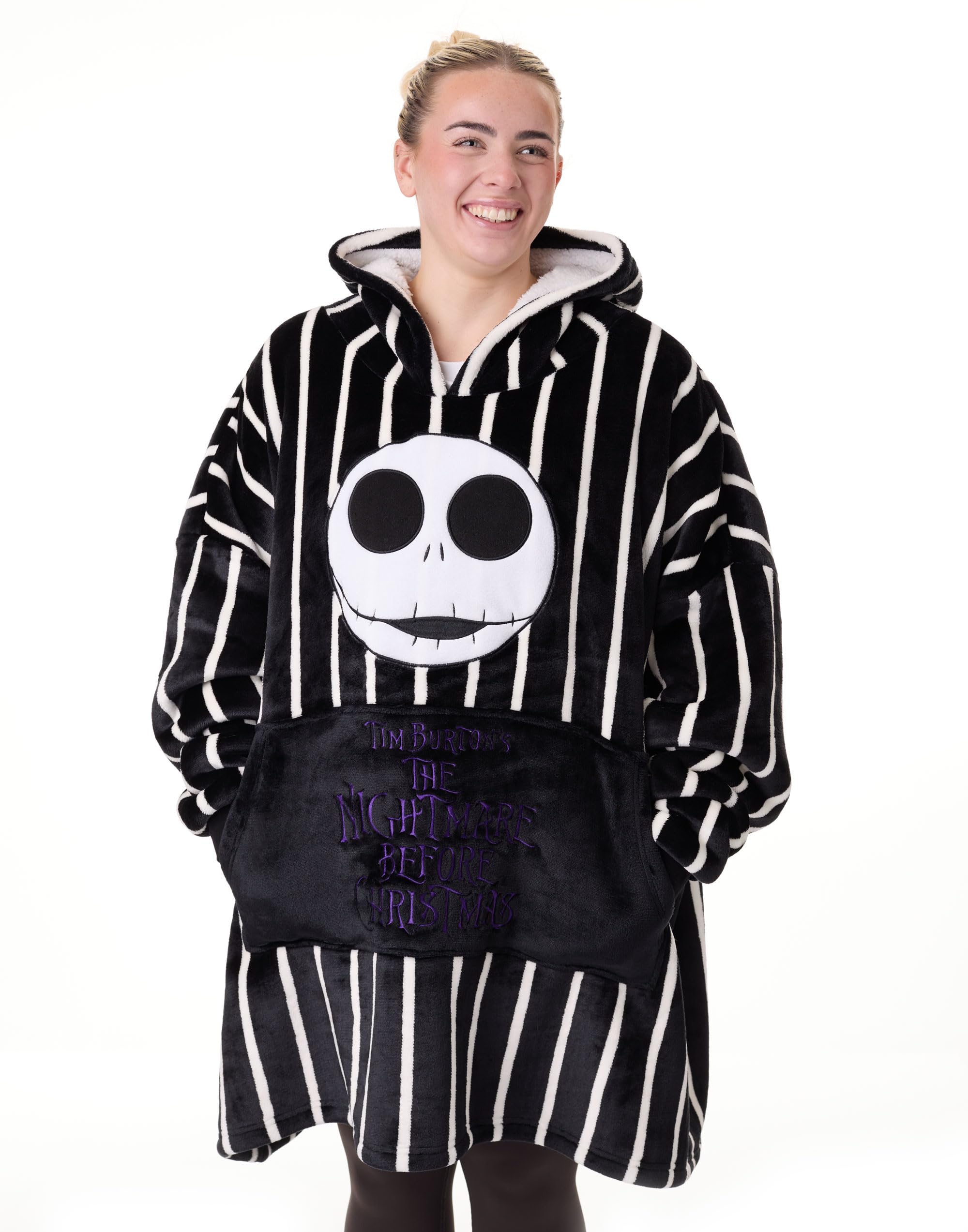 Disney The Nightmare Before Christmas Unisex Wearable Blanket Hoodie | Adults Striped Pullover in Black with Jack Skellington Character | Sherpa Lined Hooded Loungewear with Pockets for Men and Women