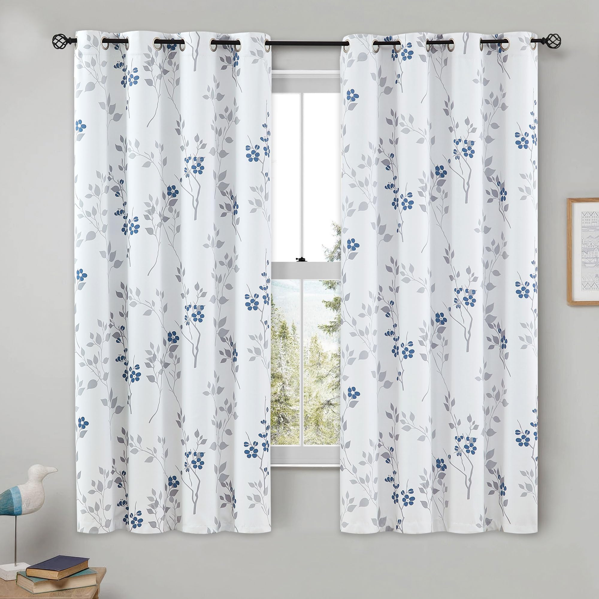 Beauoop Blue Grey Floral Blackout Curtains for Bedroom Living Room 54 Inch Drop Leaf Print White Eyelet Curtain Botanical Thermal Insulated Noise Reducing Window Curtain Drapes 2 Panels