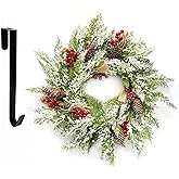 Artificial Christmas Wreath with Hanger for Front Door with Pine Cone, Red Berries, Burlap Ribbon & Snowflake, Indoor Outdoor Holiday Wall Windows Wreath Flocked with Mixed Decorations 23inch