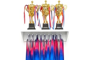 ESSENTURA Medal Hanger Display and Trophy Shelf with Hooks - Wooden Medal Holder for Wall Mount Ribbon Display, Trophy Display Shelf for Gymnastics, Soccer, Running Race Medals Awards Rack (WHITE, 16")