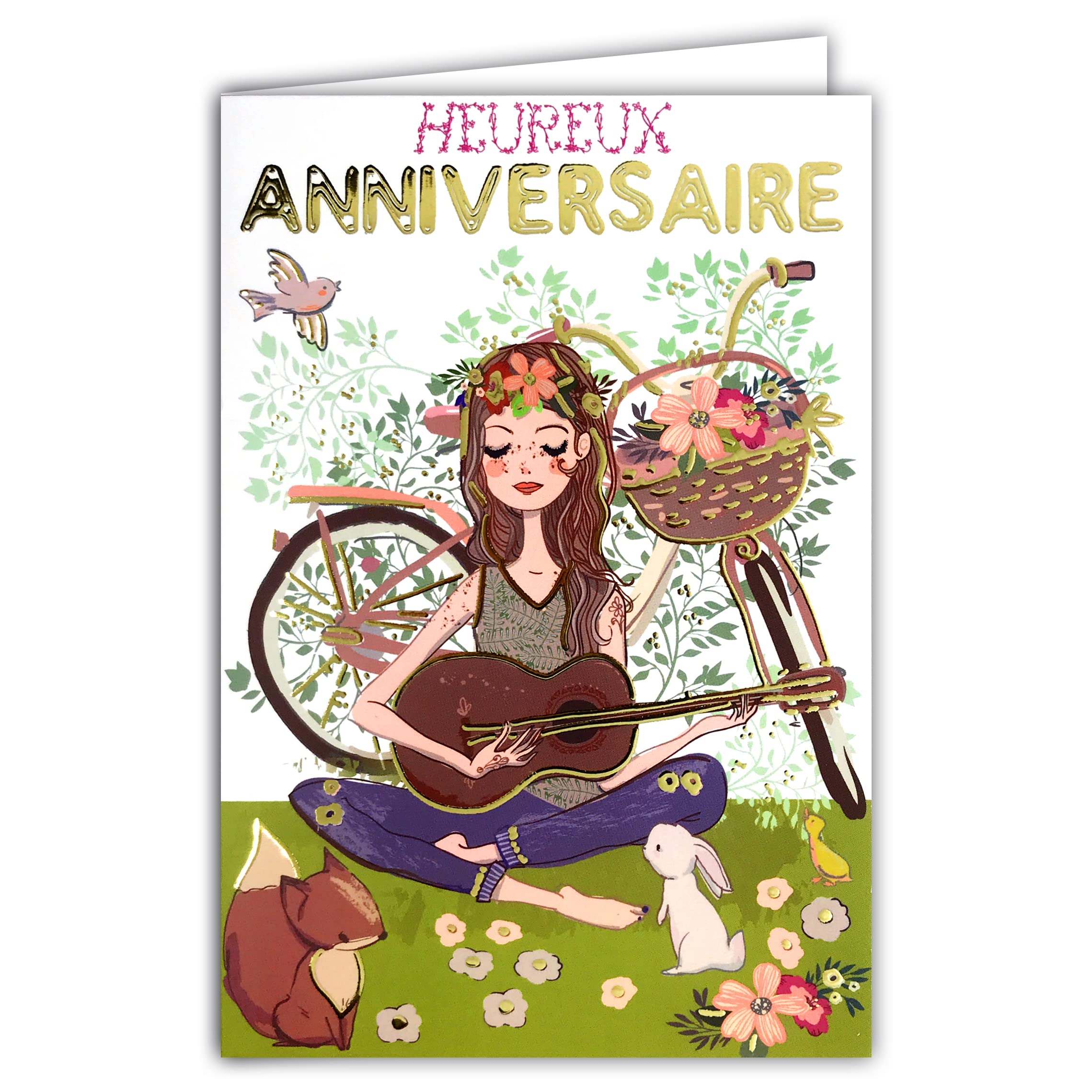 Happy Birthday Card Gold Girl's Bohemian Hippie Chic Pink Flowers Bicycle Guitar Music Animals Made in France