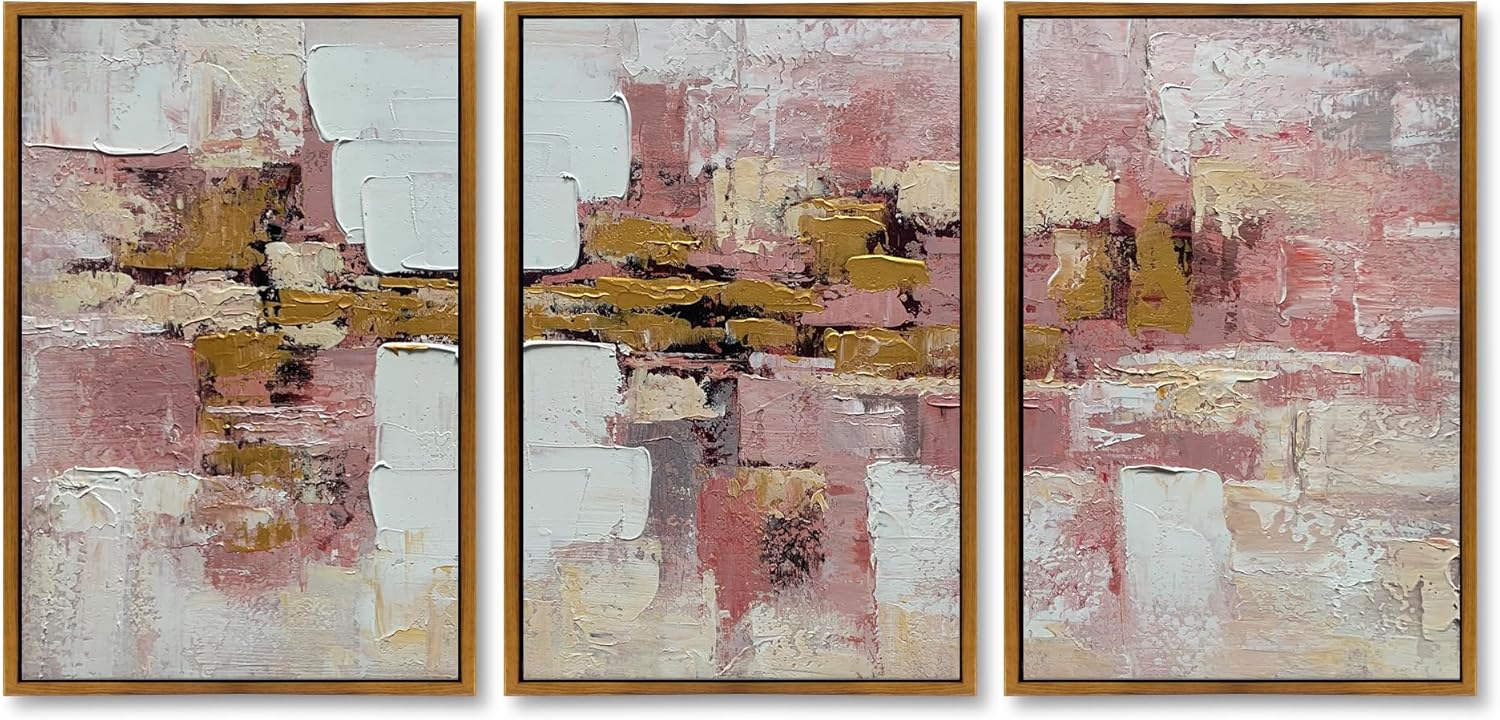 Paintings - Framed Pink and Gold Wall Decor Abstract Art Painting 3 Pieces Textured Modern Canvas Artwork for Living Room Office Home Ready to Hang