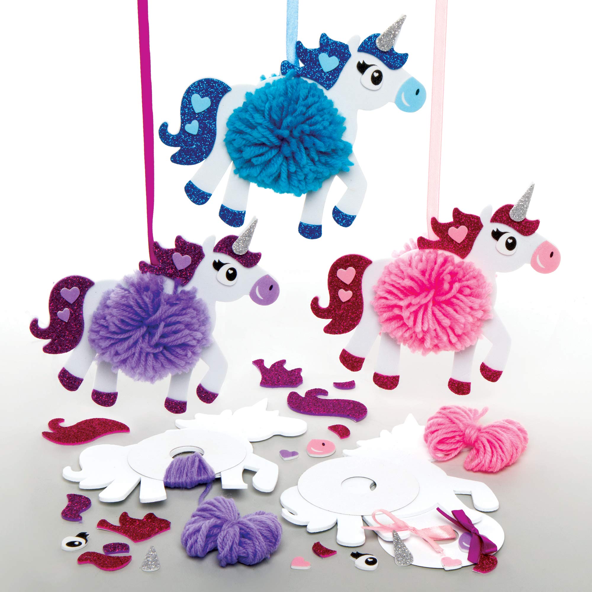 Baker Ross AX669 Unicorn Pom Pom Kits - Pack of 3, Creative Art and Craft Supplies for Kids to Make, Decorate and Display