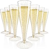 JOLLY CHEF 100 Pack Plastic Champagne Flutes Disposable 4.5 oz Gold Glitter Plastic Champagne Glasses for Wedding, Thanksgiving Day, Christmas
