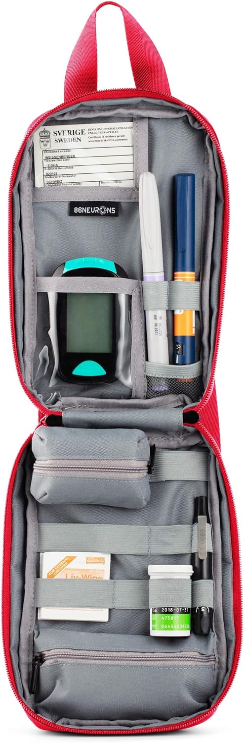86NEURONS - Diabetes Supplies Bag and Insulin Travel case. Insulated Carrying case and Organizer Pack for All Diabetic Supplies. Holds Insulin pens, vials, Blood Sugar Test Strips, Medicine (red): Health & Personal Care