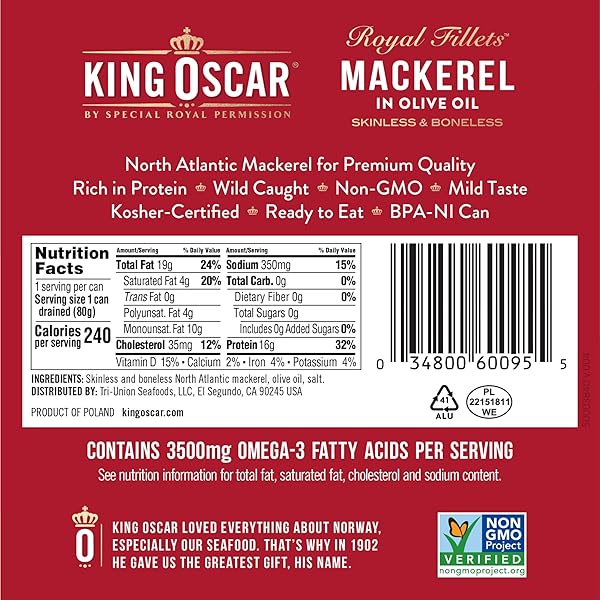 KING OSCAR MACKEREL IN OLIVE OIL, 4.05 OUNCE CAN (PACK OF 1, PACKAGING MAY VARY), SKINLESS & BONELESS, WILD CAUGHT CANNED MACKEREL