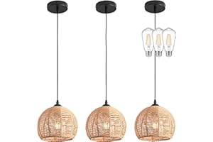 AyshwillDec 3 Pack Wicker Pendant Light Natural Woven Pendant Light Boho Chandelier Light Fixture Dome Rustic Farmhouse Pendant Lights Rattan Light Fixture for Dining Room Kitchen Island (Bulb Incl.)