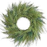 BINFEN 24” Green Faux Norfolk Pine Christmas Winter Wreath – Mixed with Real Touch Fake Cypress, Cedar & Spruce, Xmas Wreaths for Front Door Porch Mantel & Fireplace