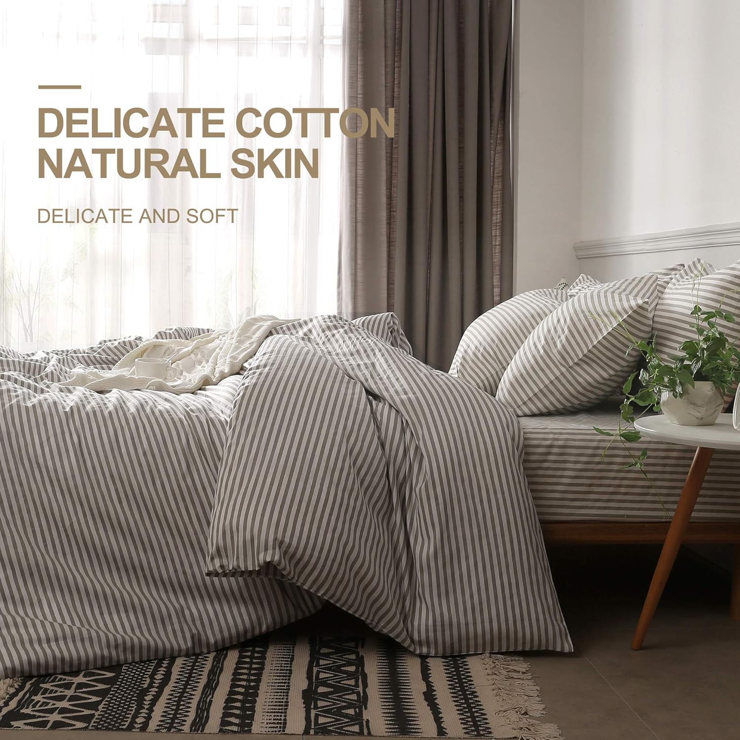JELLYMONI 100% Natural Cotton 3pcs Striped Duvet Cover Sets,White Duvet Cover with Grey Stripes Pattern Printed Comforter Cover,with Zipper Closure & Corner Ties(Queen Size): Kitchen & Dining