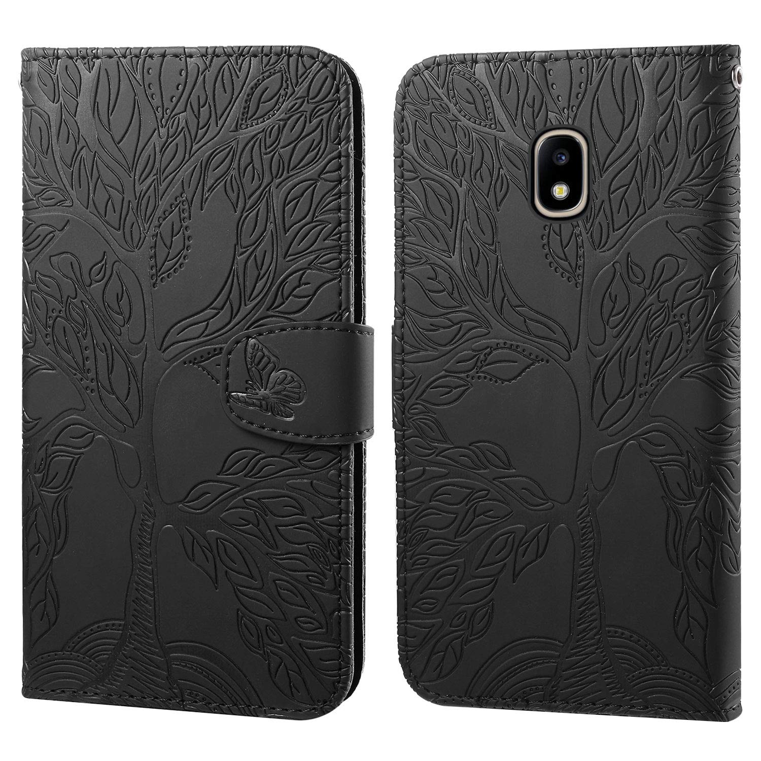 Aisenth Flip Case for Samsung Galaxy J5 2017/J5 Pro (2017)/J530, The Tree of Life Embossed PU Leather Wallet Folio Case Magnetic Shockproof Protective Cover with Stand Function, Card Slots (Black) — image 1