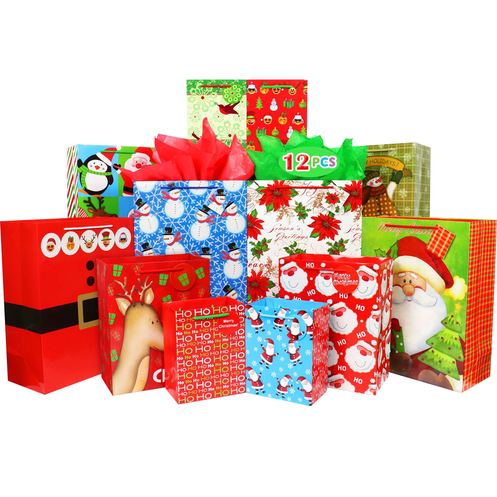 Fzopo Christmas Bags Bulk Set Includes 4 Extra Large 4 Large 4 Medium with Gift Tags Christmas Print Gift Bags Assorted Sizes for Wrapping Holiday Gifts (12 Designs)