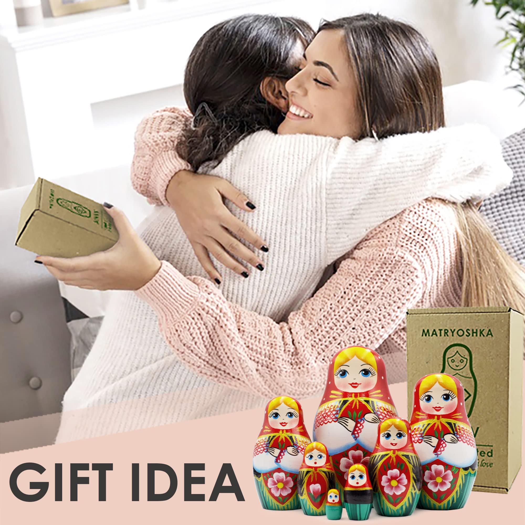 AEVVV Russian Nesting Dolls Set of 7 pcs - Matryoshka Doll in Belarussian Traditional Sarafan Dress with Ornaments - Handmade Baboushka Nesting Dolls