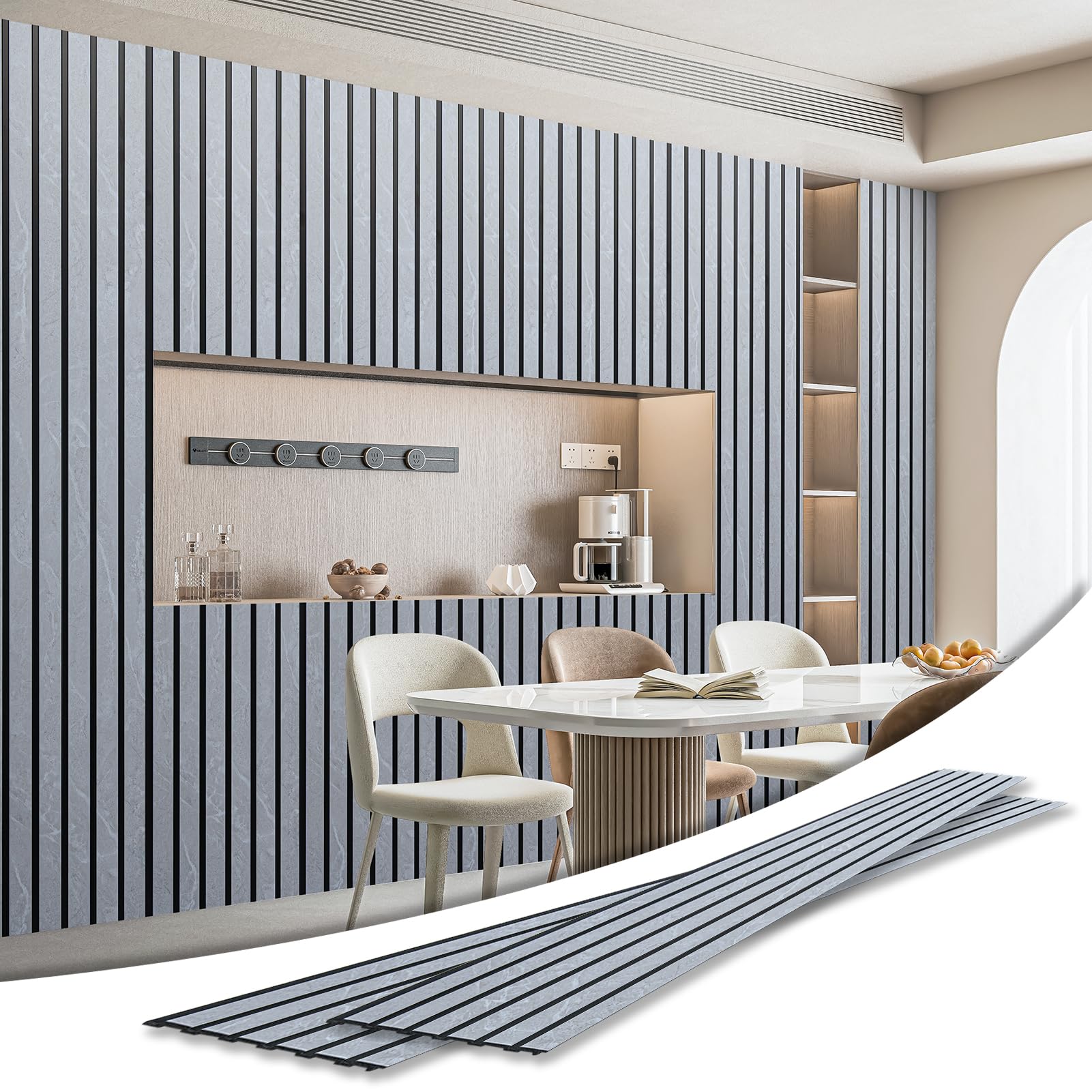 Photo 1 of **ONE CORNER DAMAGED**Art3d 4-Pack Glue-On Six-Grid Wainscoting Panel for Interior Wall Decor - 104 x 12 Inch Polystyrene Ultralight Slim Slat Wall Panels for Living Room Bedroom, Slate