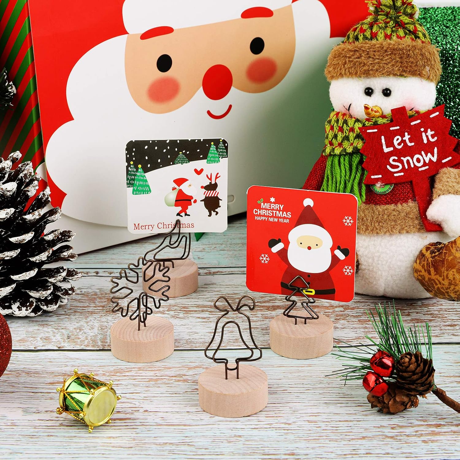ADXCO 16 Pack Christmas Party Decoration Card Holders Wooden Base Card Holders Rustic Iron Wire Picture Picks Clip Holder 4 Shapes Picture Memo Note Photo Clip for Christmas Table Decorations: Home & Kitchen