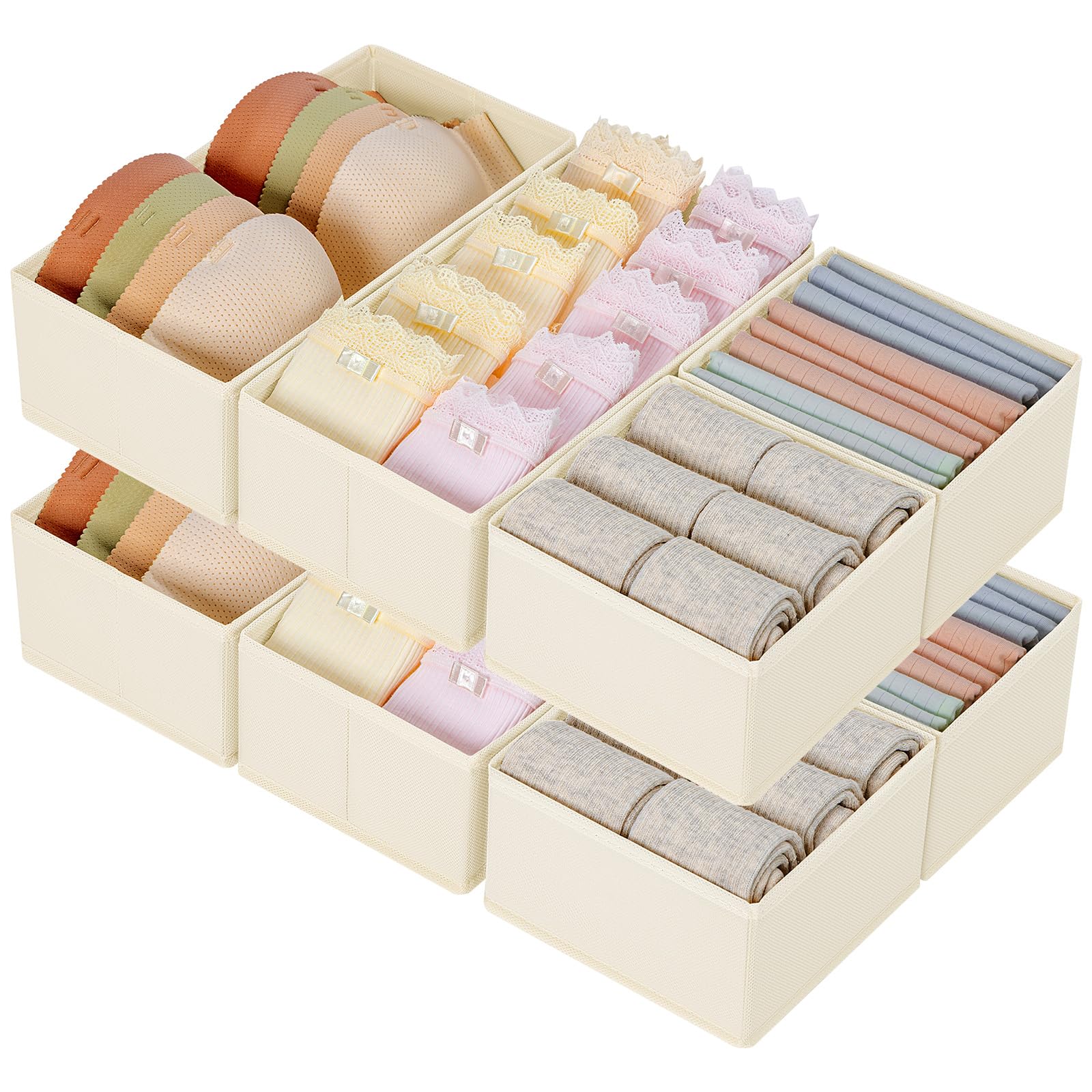 DIMJ 8 Pack Drawer Organisers Underwear Drawer Dividers - Fabric Storage Box Wardrobe Organiser Dresser Drawer Dividers Clothes Organiser Sock Storage for Bedroom,Wardrobe,Desk(Beige)