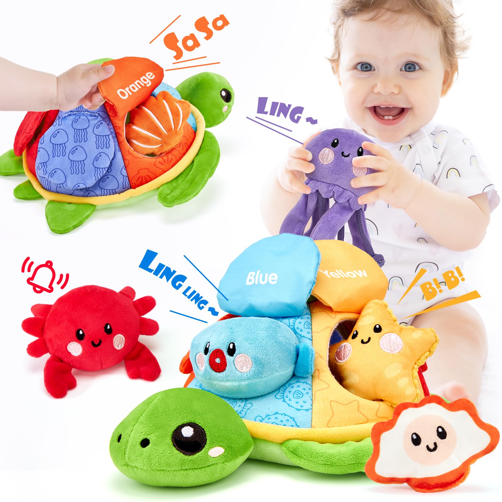 hahaland Baby Toys 6 to 12 Months - Soft Sea Animal Baby Toys with Crinkle Sounds, Sensory Toys for Babies Girls Boys, Montessori Toys for Babies 6-12 Months, Fine Motor Skills and Color Sorting Gift