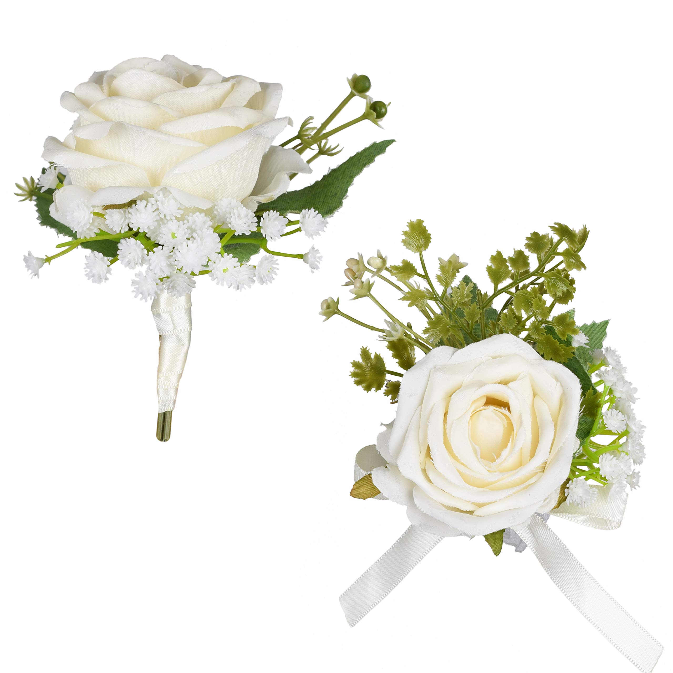 Photo 1 of *PARTIAL* DearHouse 1Pcs Boutonniere Buttonholes and Wrist Corsage Wristband Roses Wrist Corsage, Groom Groomsman Best Man and Girl Brides Rose Wedding Flowers Accessories Prom Suit Decoration