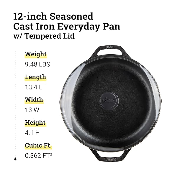 LODGE 12 INCH CAST IRON EVERYDAY PAN – CHEF COLLECTION – USE ON OVEN, STOVE, GRILL, OR FIRE – EASY TO CLEAN – CAST IRON PAN WITH LID – DURABLE COOKWARE