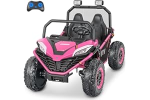 ELEMARA 24V 10AH 2 Seater Ride on Toy for Big Kids,20in Wide Seats All-Terrain 4WD Ride on Car,4.5MPH Speed Electric Vehicle with Remote Control,Bluetooth,LED,Soft Star,Pink