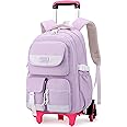 MITOWERMI Rolling Backpack for Girls, Backpack with Wheels for Girls, Kids Roller Trolley Bags Wheeled School Bookbag Purple-6 wheels