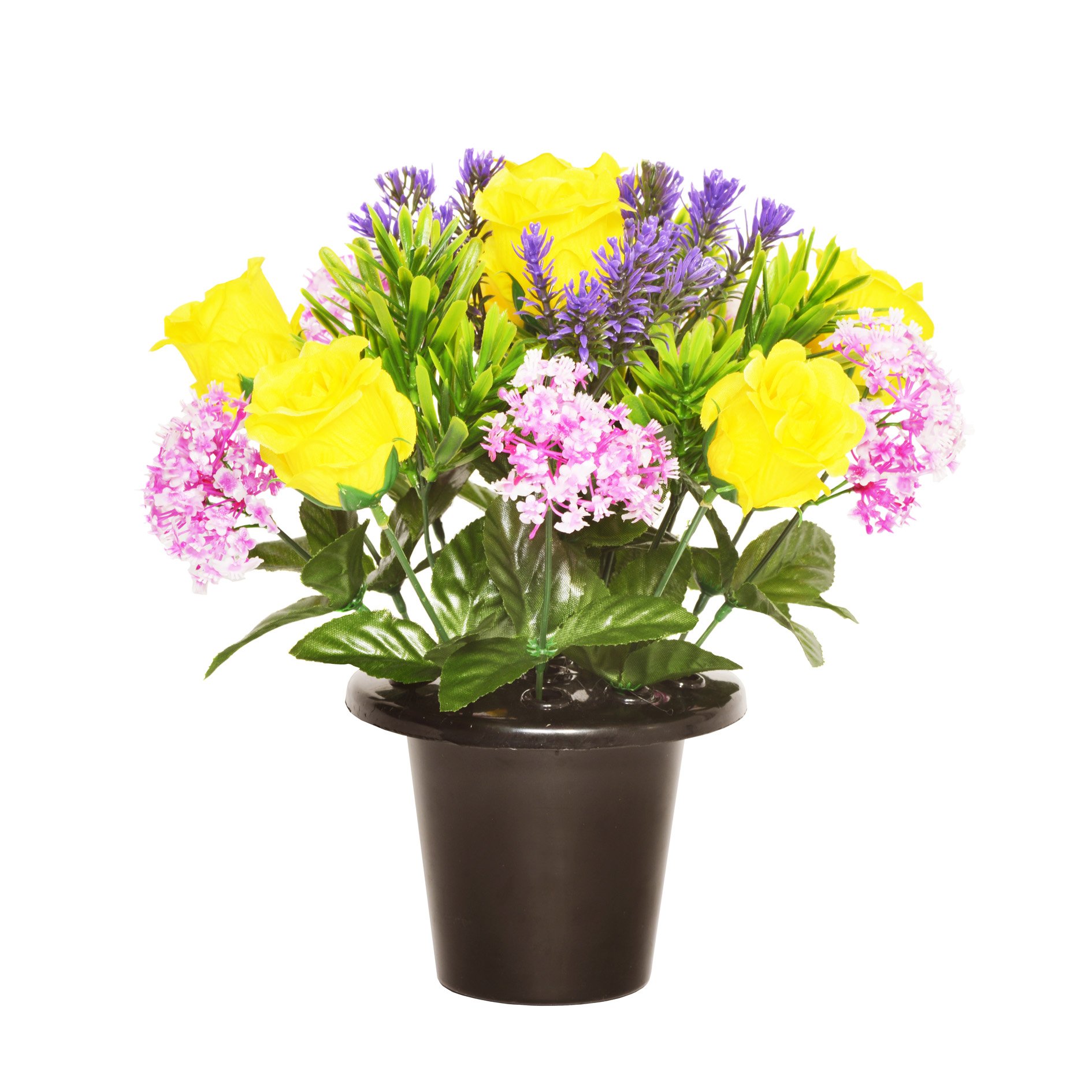 Artificial Yellow Rose, Allium and Lavender Floral Memorial Grave Pot