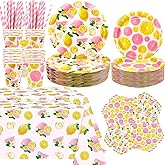 Obussgar Pink Lemon Party Decoration - Lemon Birthday Party Tableware Supplies Includes Plates, Cups, Napkins, Tablecloth, Straws (40)