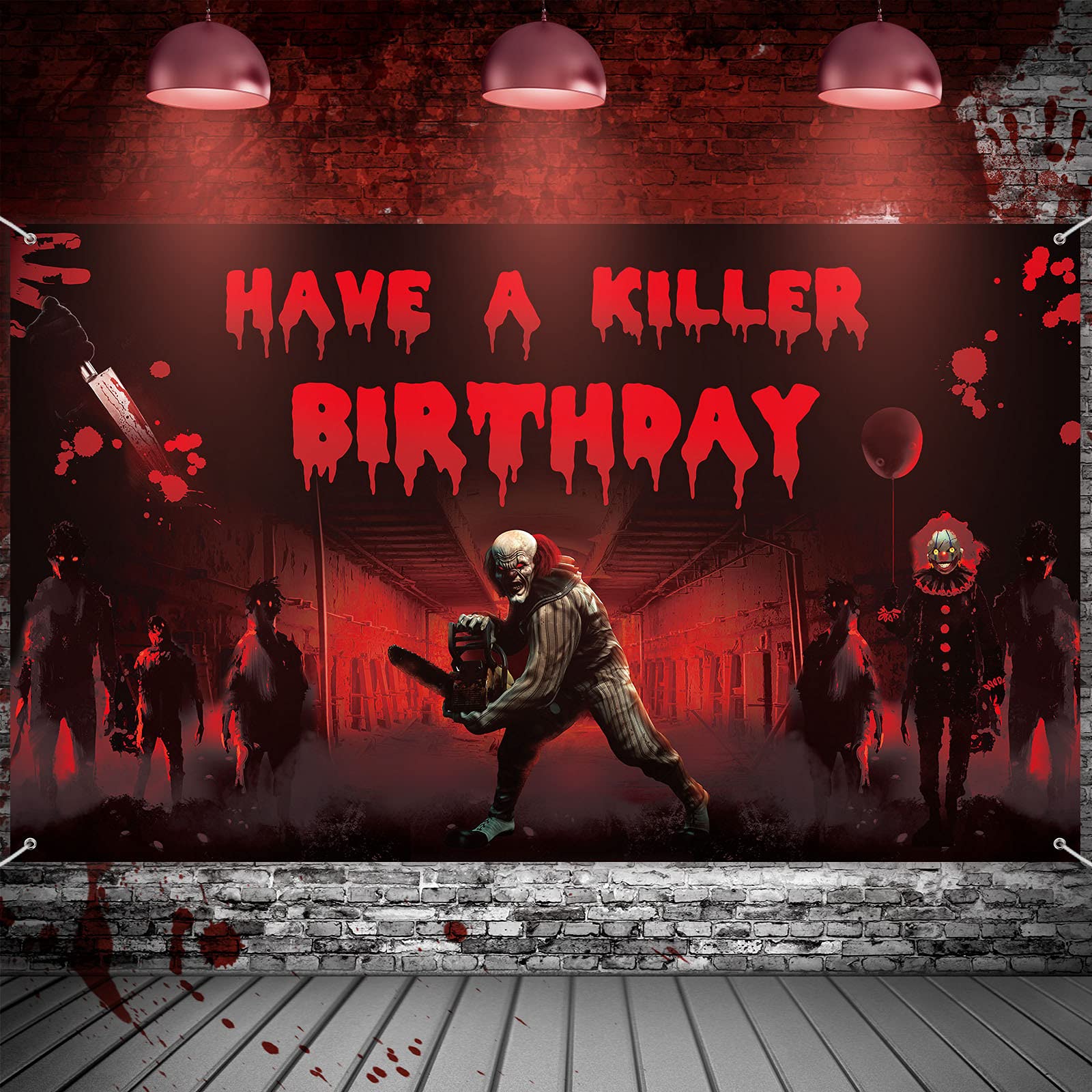Photo 1 of Irenare Have a Killer Birthday Decorations Horror Birthday Party Backdrop Halloween Horror Themed Decorations Have a Killer Movie Banner Background 72.8 x 43.3 Inch Chainsaw Prop for Halloween Decor