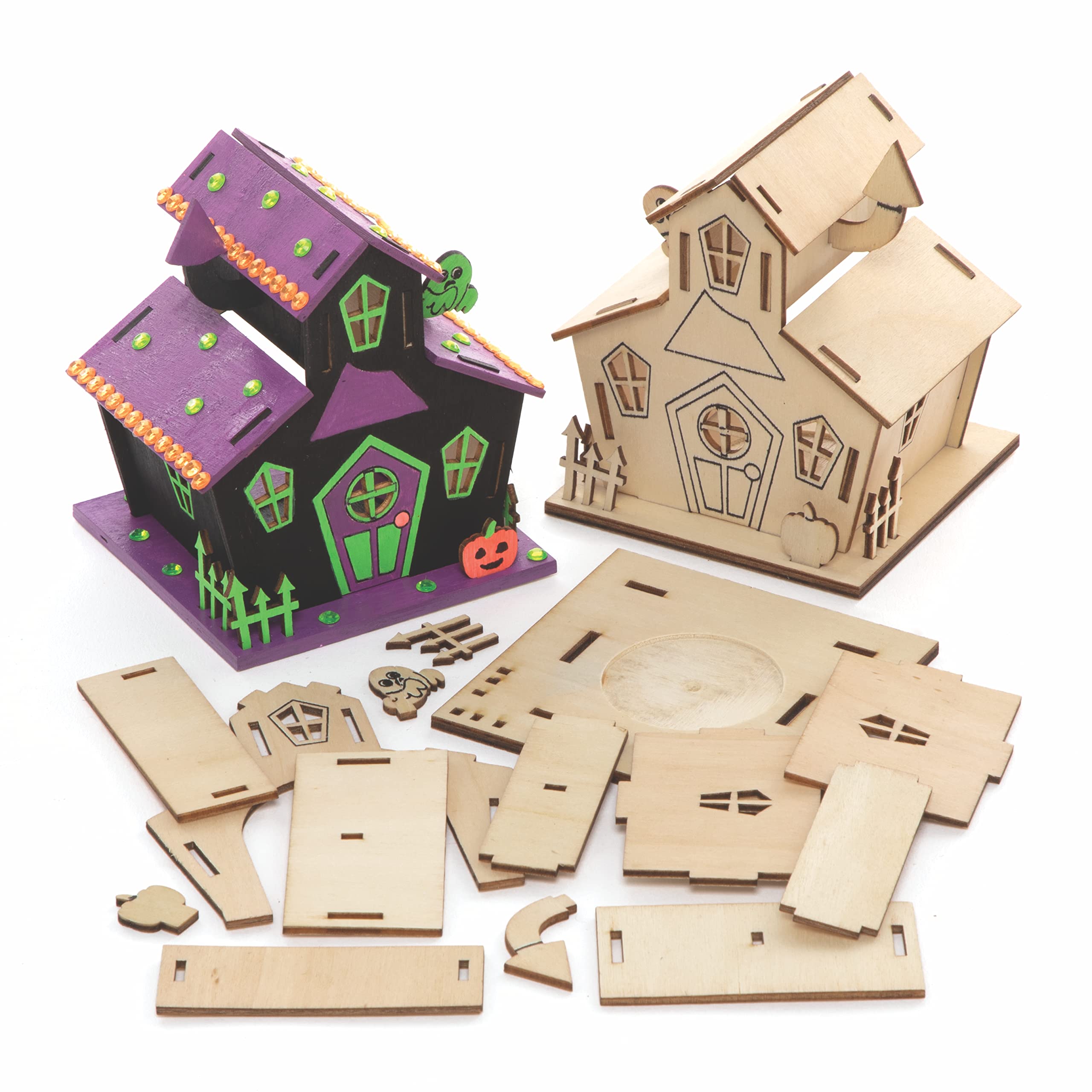 Baker Ross FE764 Haunted House Wooden Model Kit - Pack of 3, Tealight Holder to Decorate and Display, Wooden Crafts for Children, Ideal Halloween Arts and Crafts Project