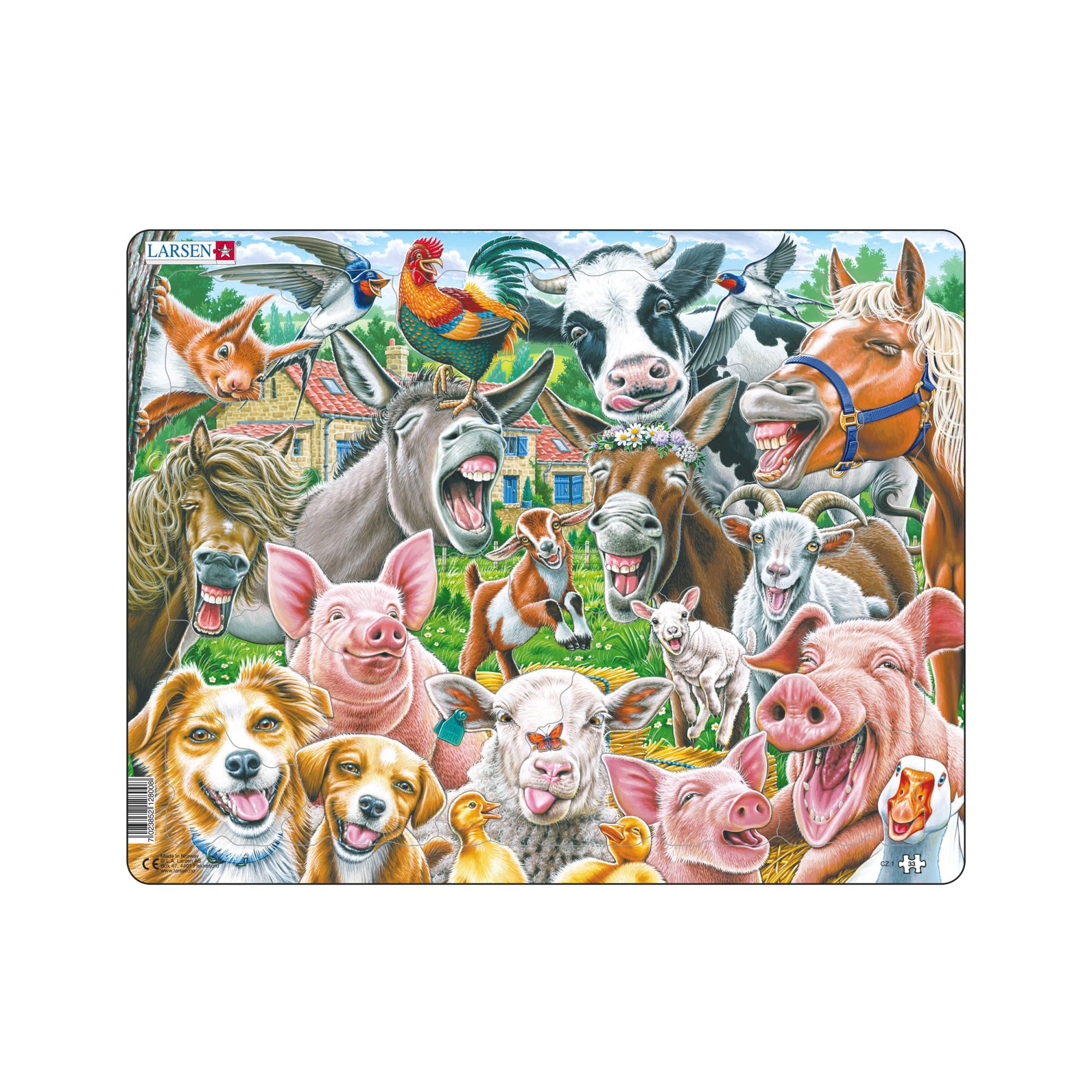 Larsen CZ1 Farm Animals Puzzle for Kids – Happy Farm Selfie Jigsaw (33 Pieces) – Educational, Animal-Shaped & Contour Pieces, Tray & Frame, Ages 4+