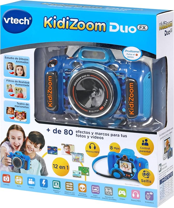 Vtech - kidizoom duo fx azul, câmera fotográfica infantil, selfies, vídeo, tela colorida, estúdio de quadrinhos, filtros e efeitos divertidos, presente para crianças de 4 a 12 anos, conteúdo em espanhol