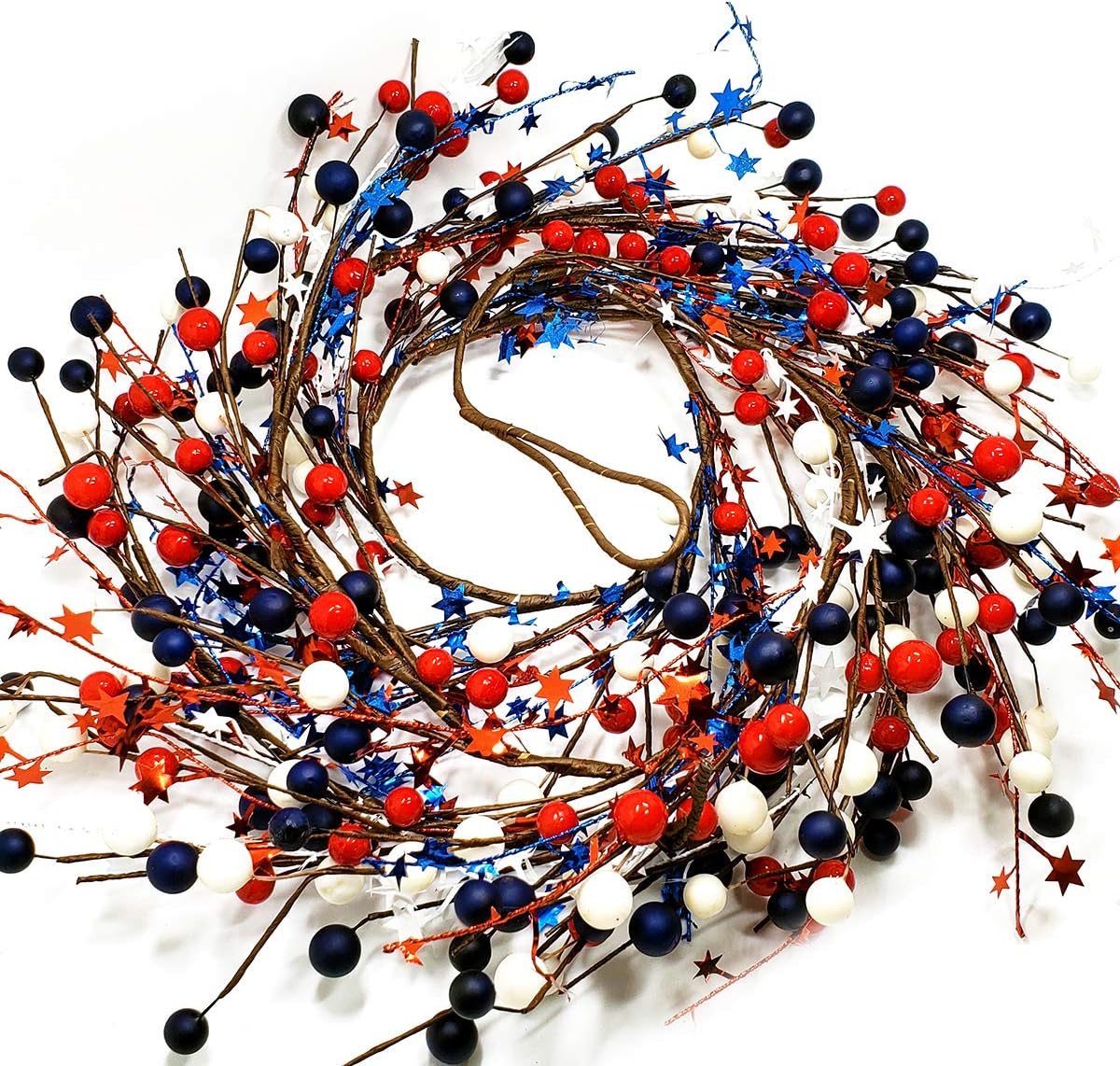 WsCrafts 70-Inch Artificial Berry Twig Vine - Red White Blue Berries with Shining Star Garland Primitive Wreath Christmas Decor