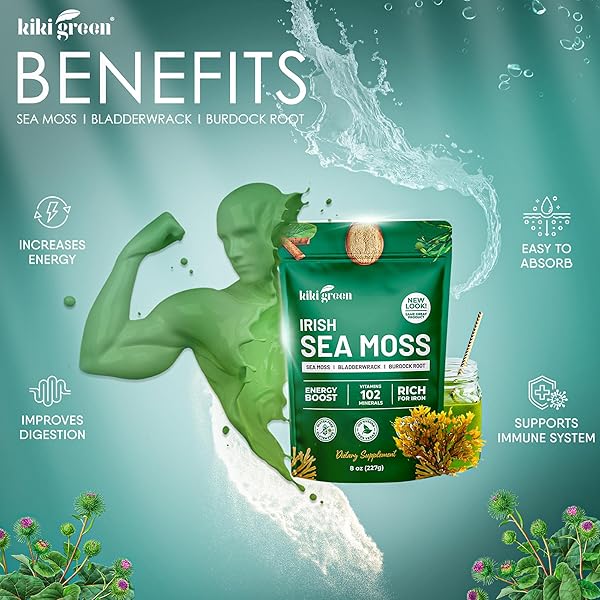 KIKI GREEN IRISH SEA MOSS POWDER 8 OZ – WITH BLADDERWRACK BURDOCK ROOT EXTRACT FOR IMMUNE SUPPORT – KETO, VEGAN SUPPLEMENT