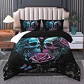 Tuzaovy Skull Bedding Set Queen Size,Goth Bedding Sets Queen with Comforter,Skull Comforter Set,Rose Comforter Halloween Skull Bed Comforter,Blue Comforter Black Bedding Skull Quilt