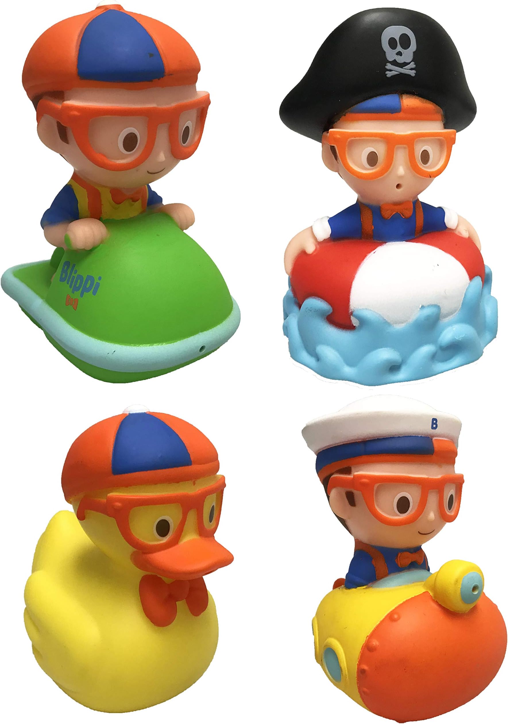U.C.C. Distributing Complete Blippi Bath Squirter Toy Figure Set of 4 Includes: Blippi on a Jet Ski , Blippi Ridding a Submarine , Rubber Ducky Blippi & Pirate Blippi