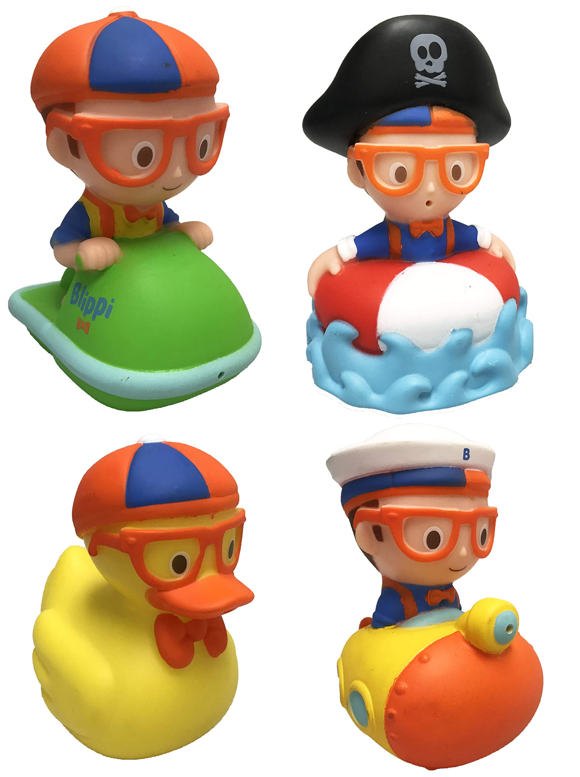 U.C.C. Distributing Complete Blippi Bath Squirter Toy Figure Set of 4 Includes: Blippi on a Jet Ski , Blippi Ridding a Submarine , Rubber Ducky Blippi & Pirate Blippi