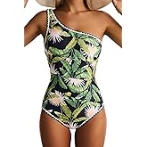 EVOCRCO One Shoulder One Piece Swimsuit for Women Tummy Control Bathing Suit Color Block Swim Suit Shell Stitched Swimwear